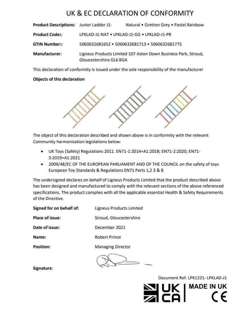 Declaration of conformity Junior Ladder J1 LPK1221 ref LPKLAD-J1