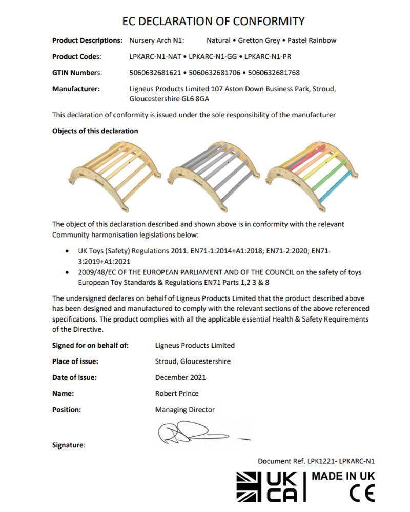 Declaration of conformity Nursery Arch N1 LPK1221 ref LPKARCI-N1